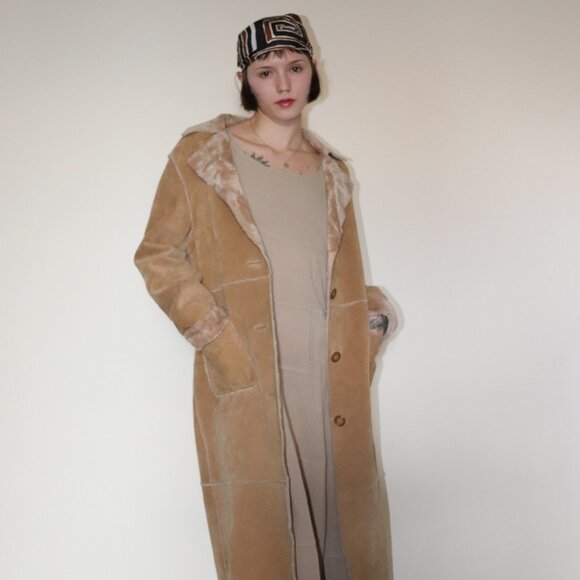 Rare GUESS Vintage Y2K Tan Camel Suede/Leather Lined Long Coat-Small